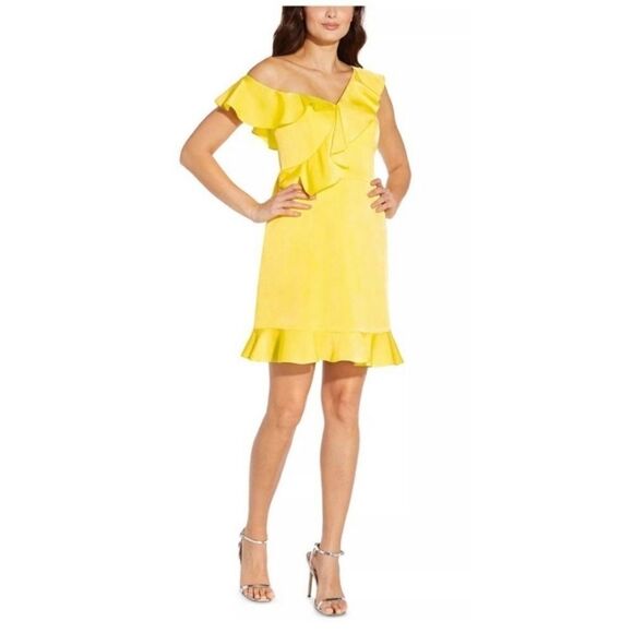 Aidan Mattox Yellow Satin Ruffle Off Shoulder Mini Cocktail Dress Size 0 - Picture 5 of 9
